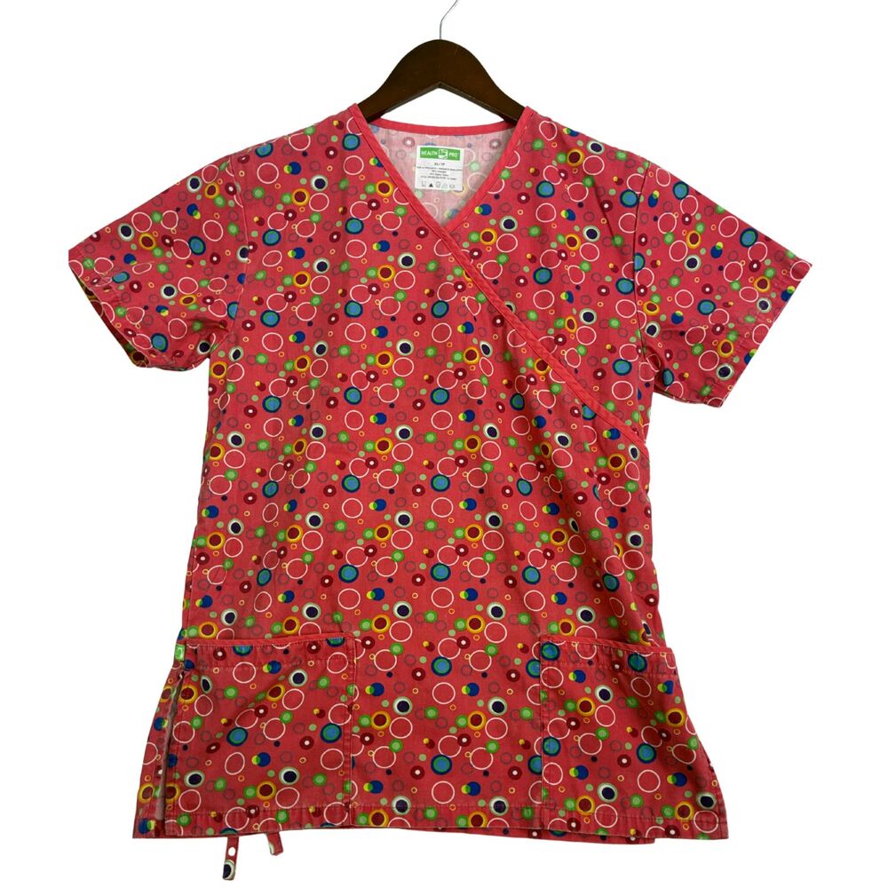 Health Pro Womens XS Scrub Top Pink Multicolor Circle Print V Neck Medical Nurse